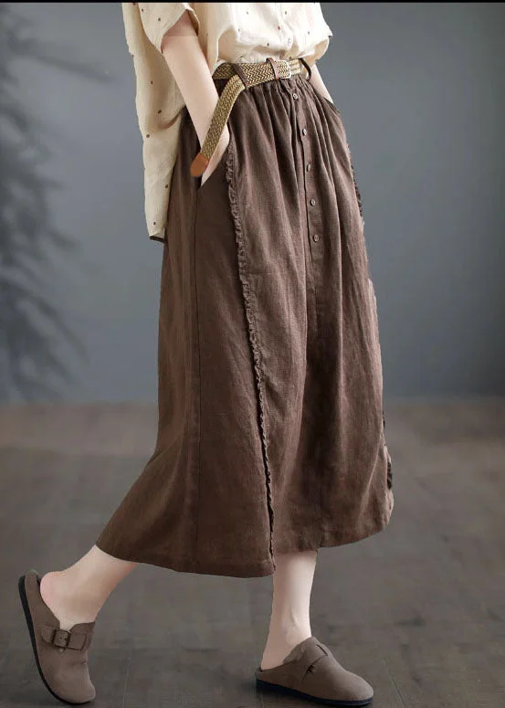 Casual Coffee Ruffled Pockets Patchwork Linen Skirts Summer satin skirt smooth