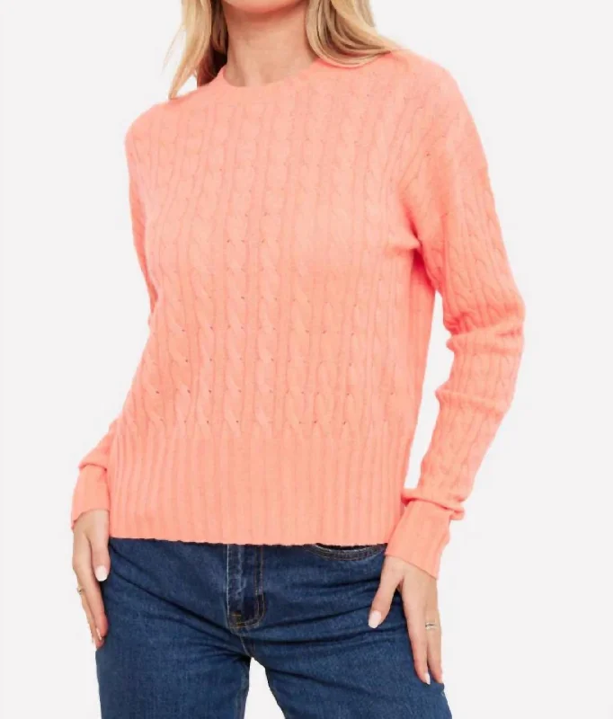 Cathy Cashmere Cable Crew Sweater In Coral Neon Metallic Matte