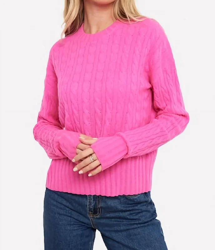 Cathy Cashmere Cable Crew Sweater In Diva Pink Herringbone Houndstooth Plaid