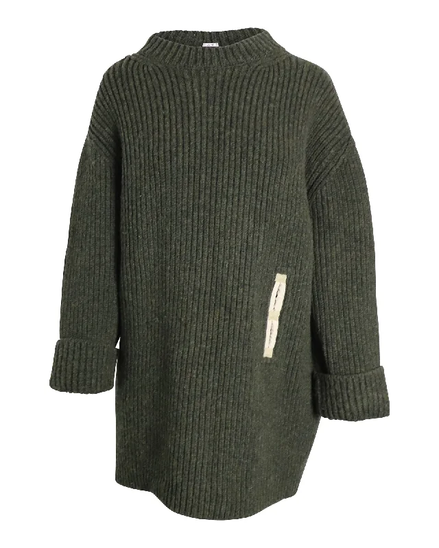 Celine Contrast Pocket Chunky Sweater in Olive Wool Boxy Sweater Fitted Sweater A-Line