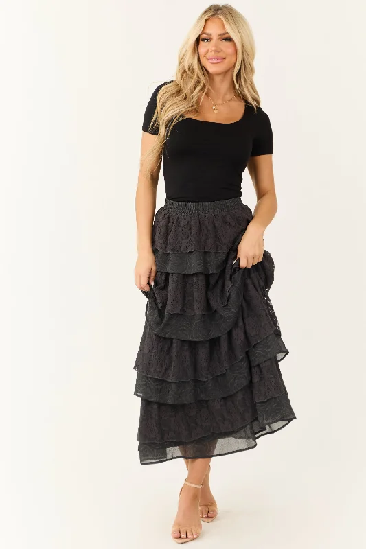 Charcoal Lace Ruffle Tiered Maxi Skirt silk skirt smooth