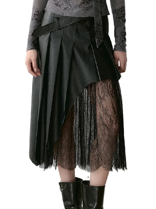 Coffee & Black Lace-paneled PU Leather Skirt lace skirt feminine