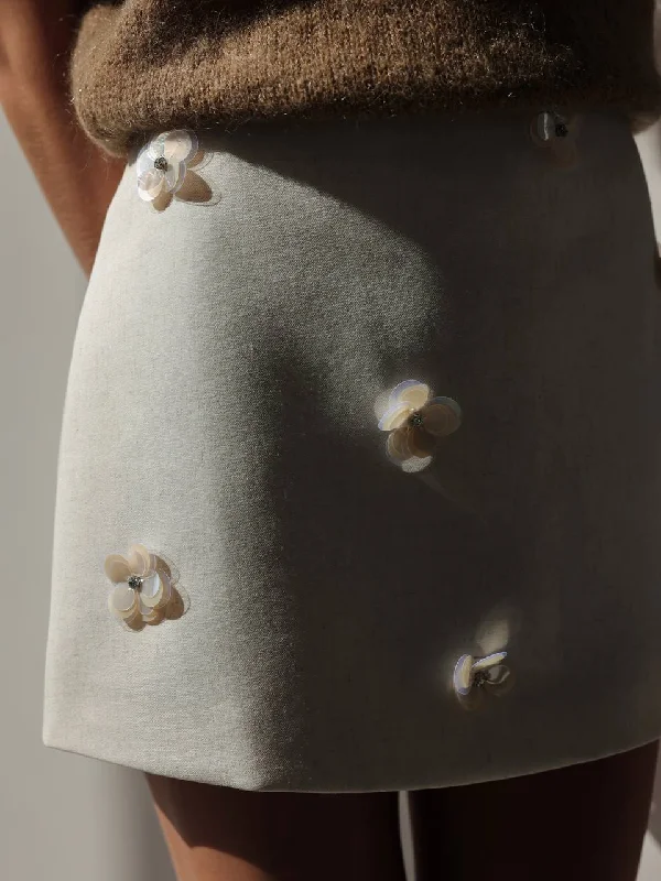 Cream Mini Skirt with Mother-of-Pearl Flower Details cashmere skirt fine