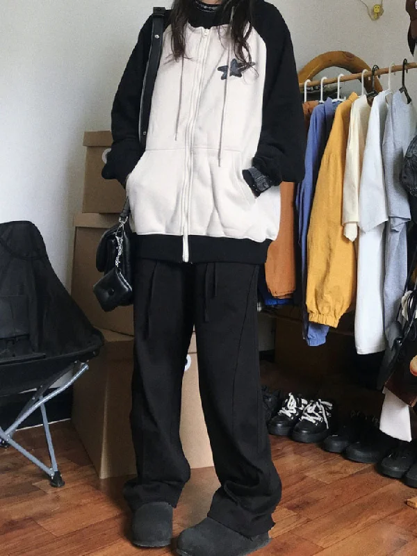 Vintage Streetwear Zipper Oversized Hoodies Women Harajuku Kpop Star Patchwork Sweatshirts Casual Thin College Tops Y2K Hoodie with Distressed Vintage Worn
