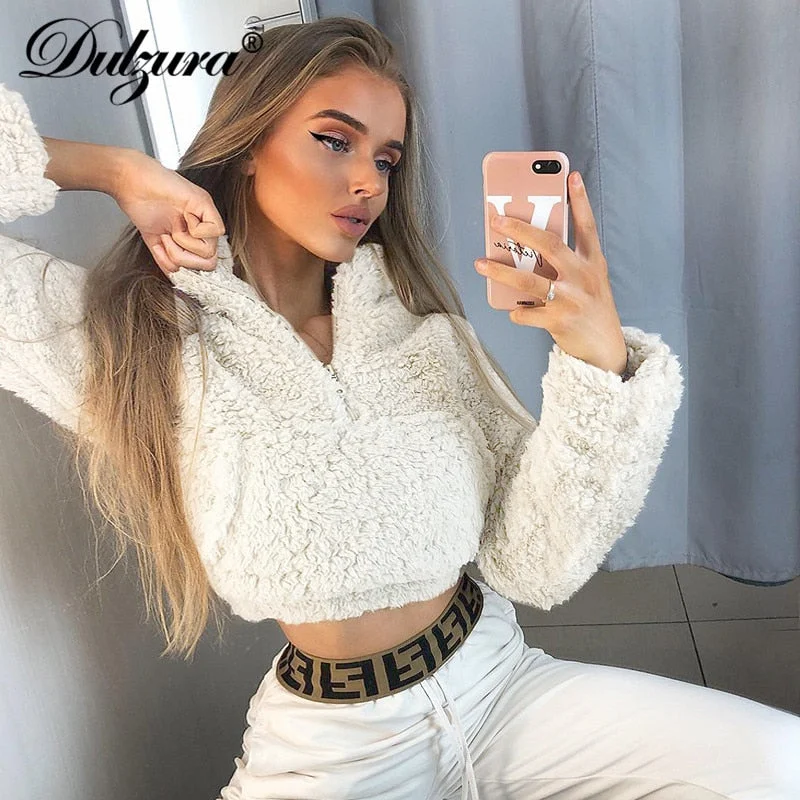 Dulzura 2019 autumn winter women sweatshirt coat pullover lambswool teddy crop top streetwear casual Korean clothes high neck Hoodie with Illustration Artistic Creative Dulzura 2019 autumn winter women sweatshirt coat pullover lambswool teddy crop top streetwear casual Korean clothes high neck Hoodie with Illustration Artistic Creative