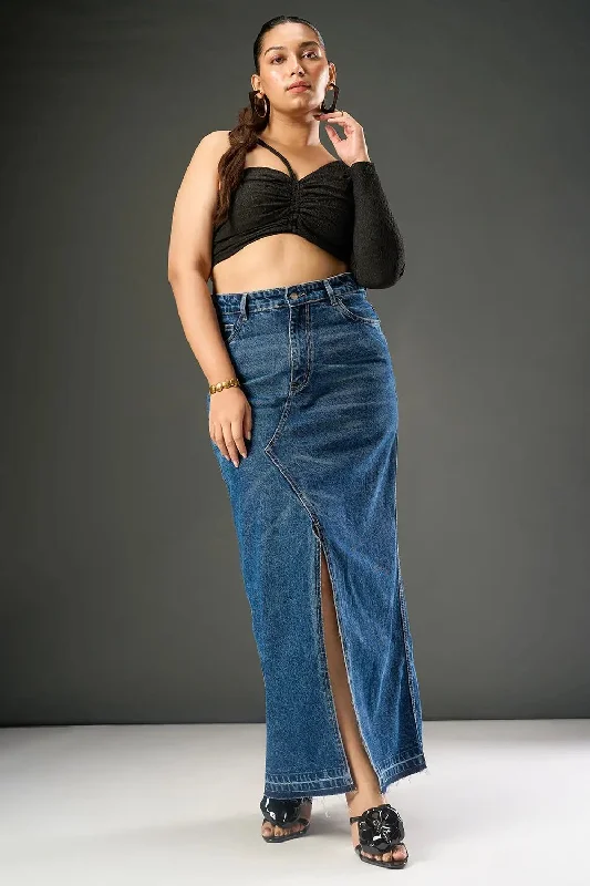 Dusk Blue Curve Mid Slit Maxi Skirt button skirt front