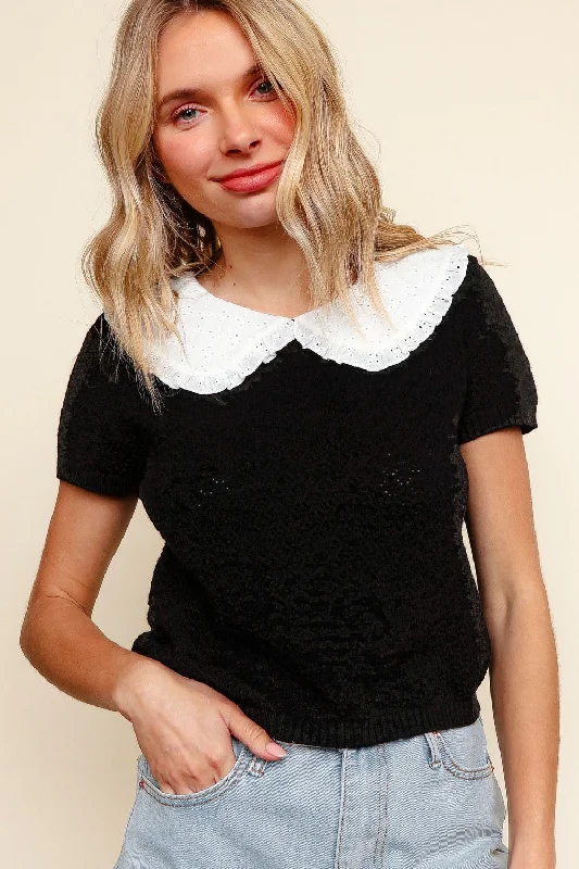 EYELET FRILLED FLAT COLLAR SWEATER TOP Notch Collar Peter Pan Collar Cowl Neck