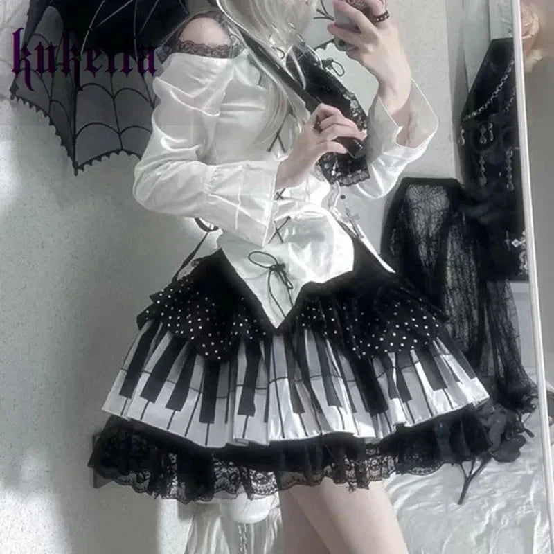 Harajuku Y2k Piano Key Wave Dot Lace Japanese Gothic Lolita Kawaii Cake Fairy Grunge Y2k Skirt floral skirt print