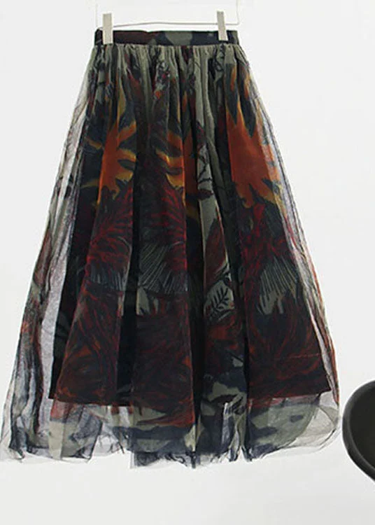 Fine Black Zip Up Print Tulle Skirts Spring satin skirt smooth