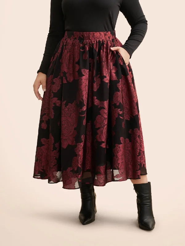 Floral Elastic Waist Pocket Skirt wool skirt sturdy