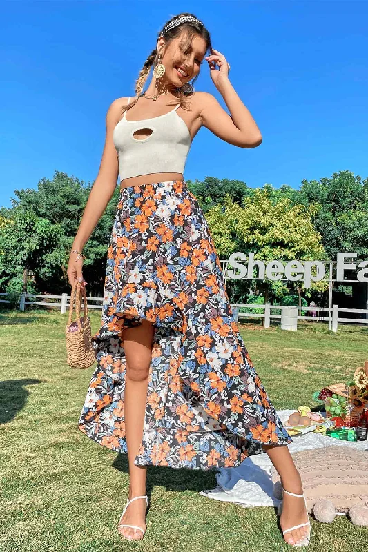 TastyHottie - Floral Print Irregular High-Low Skirts ribbed skirt waist