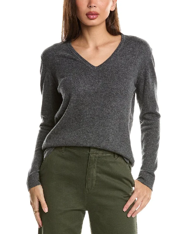 Forte Cashmere Coverstitch V-Neck Cashmere Sweater Fitted Slim Tailored