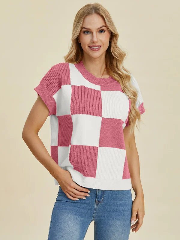 Full Size Checkered Round Neck Short Sleeve Sweater Elegant Classic Vintage