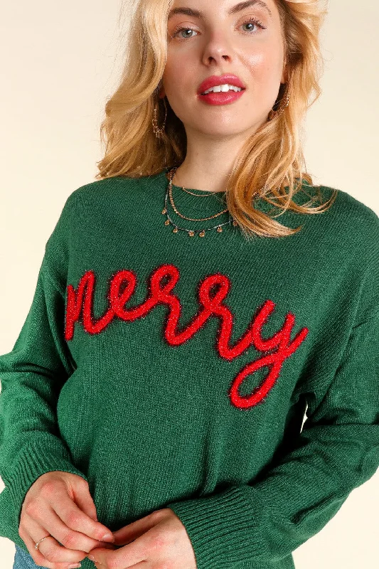 Green Pop Up Letter "Merry" Sweater Ribbed Striped Patterned