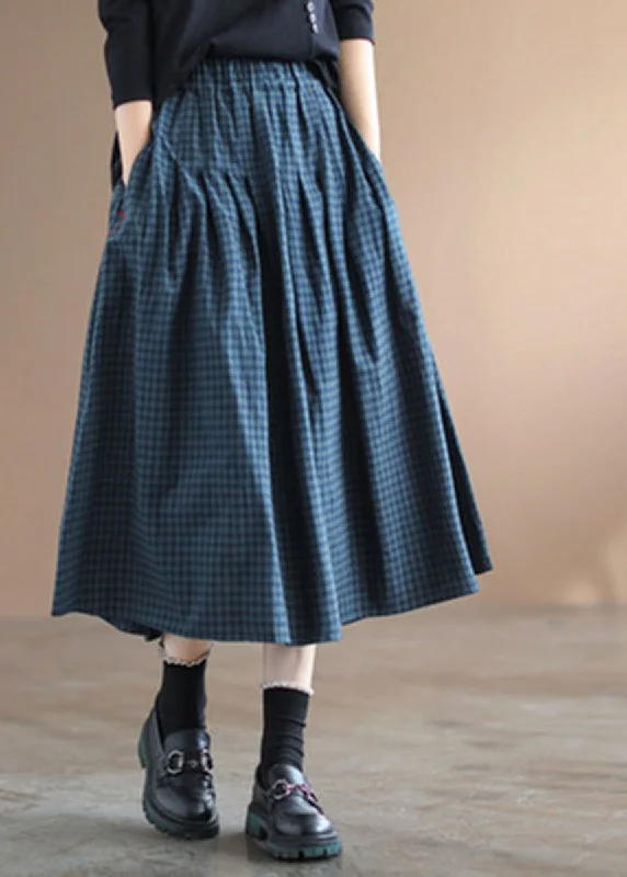 Handmade Blue Plaid Elastic Waist Pockets Fall Skirt button skirt front