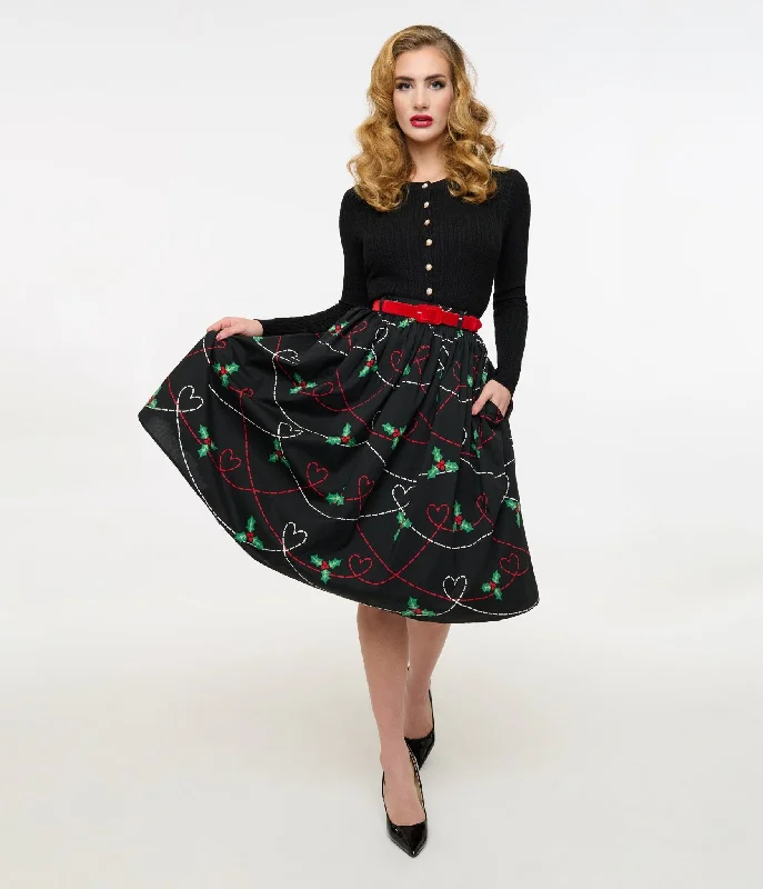 Hell Bunny 1950s Festive Hearts & Holly Print Angelica Swing Skirt velvet skirt plush