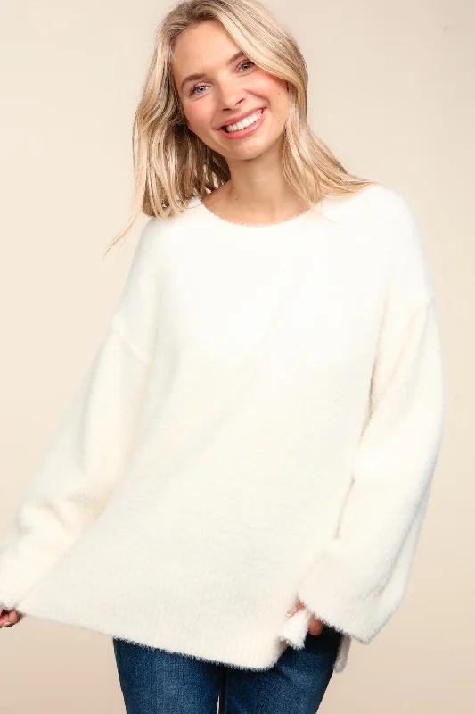 IVORY FUZZY SOFT BRUSHED HAIRY SWEATER KNIT TOP Cotton Fabric Linen Fabric Terry Fabric