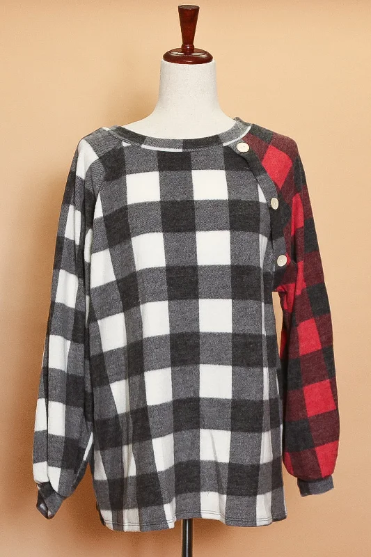 Ivory & Red Plaid Button Sweater Transparent Opaque Sheer