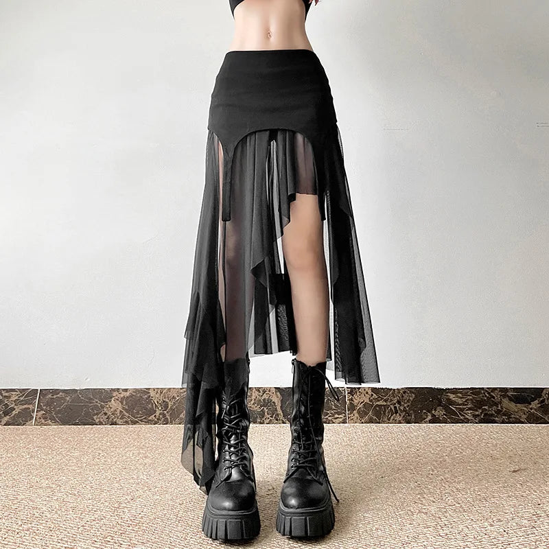 Goth Irregular Fashion Y2K Cyber Club Hem Alt Harajuku Patchwork Mid Mesh Streetwear Skirt cotton skirt soft