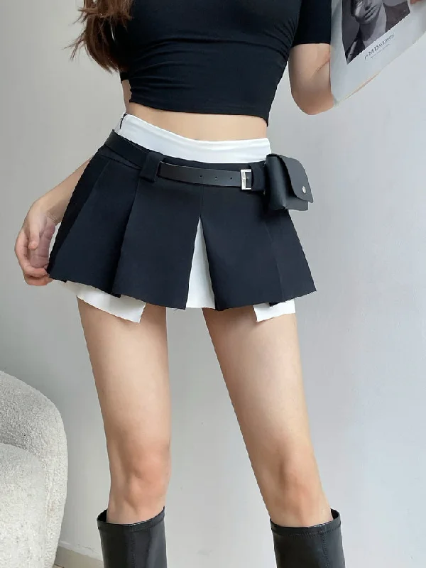 Latisha Contrast Color Preppy Style High Waist Pack Fake Two Pleated Split Mini Skirt silk skirt smooth