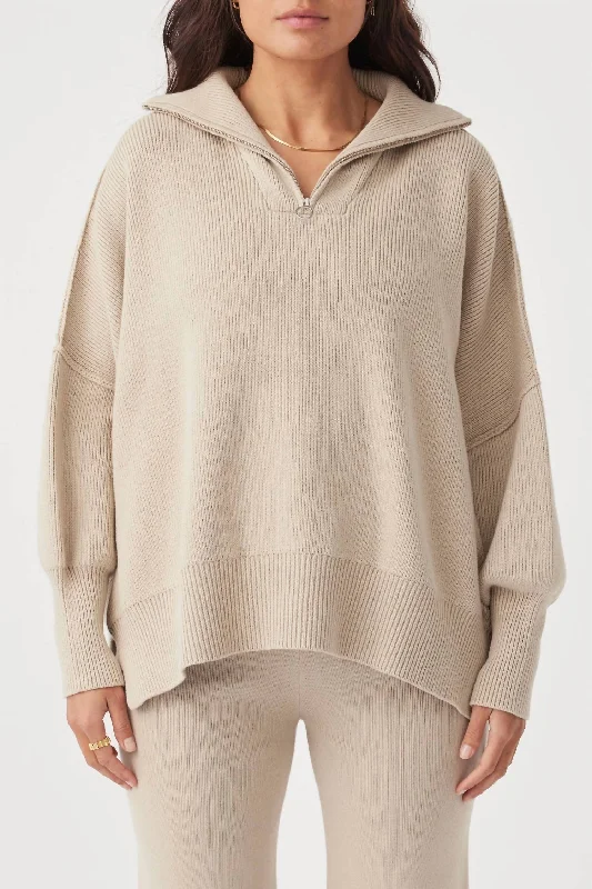 London Zip Sweater In Taupe Print Jacquard Patchwork