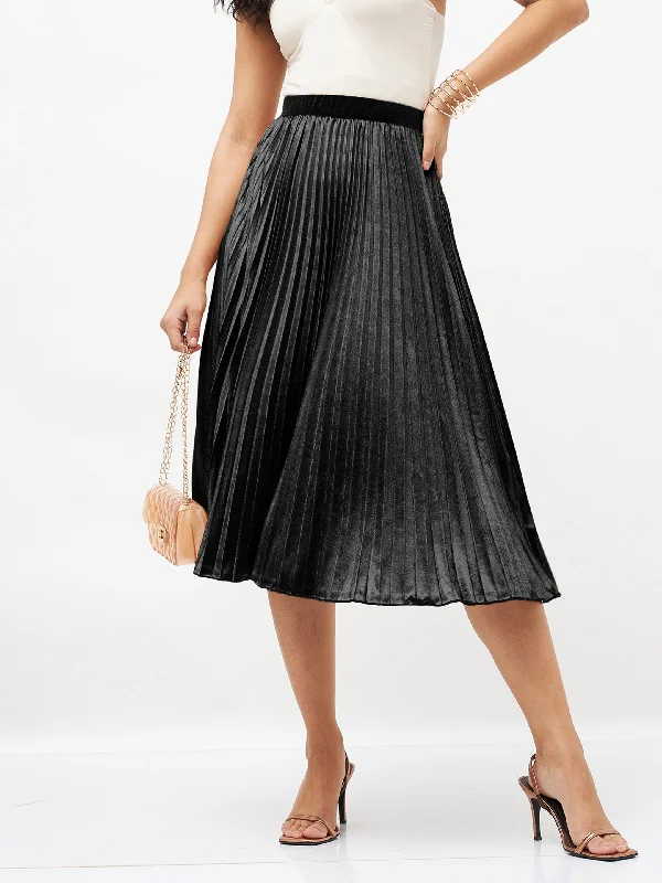 Lyush Women Black Velvet Pleated Skirt velvet skirt luxury