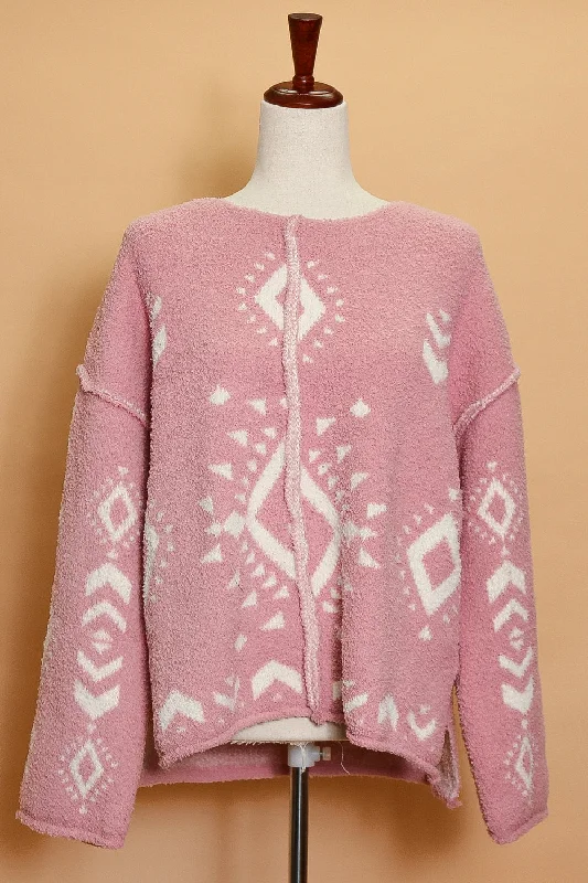 Mauve Tribal Exposed Seam Sweater Cable Knit Ribbed Knit Lace Knit