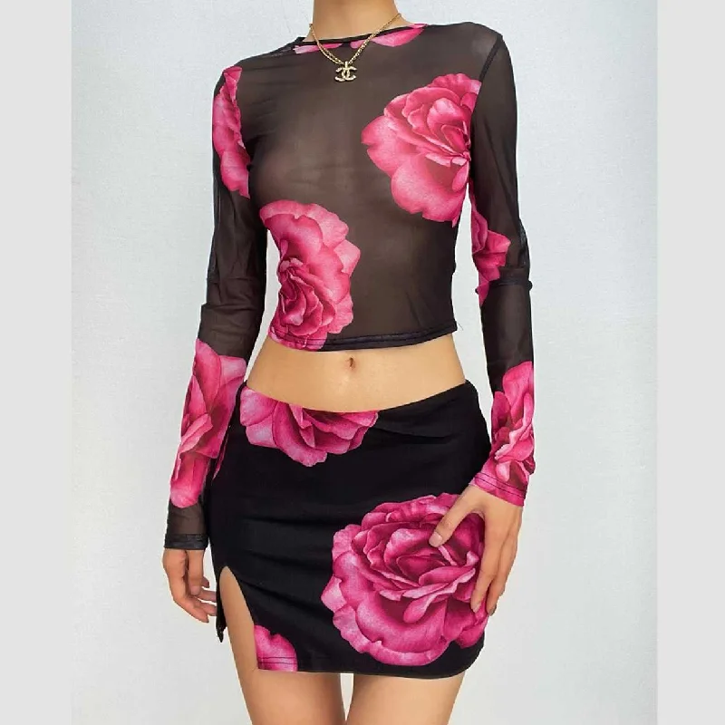 Mesh see through flower print long sleeve slit mini skirt set elastic waist skirt