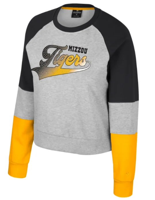 Mizzou Tigers Colosseum Women's Katinka Stud Black and Gold Crew Sweatshirt Hoodie with Lining Warm Insulated Mizzou Tigers Colosseum Women's Katinka Stud Black and Gold Crew Sweatshirt Hoodie with Lining Warm Insulated