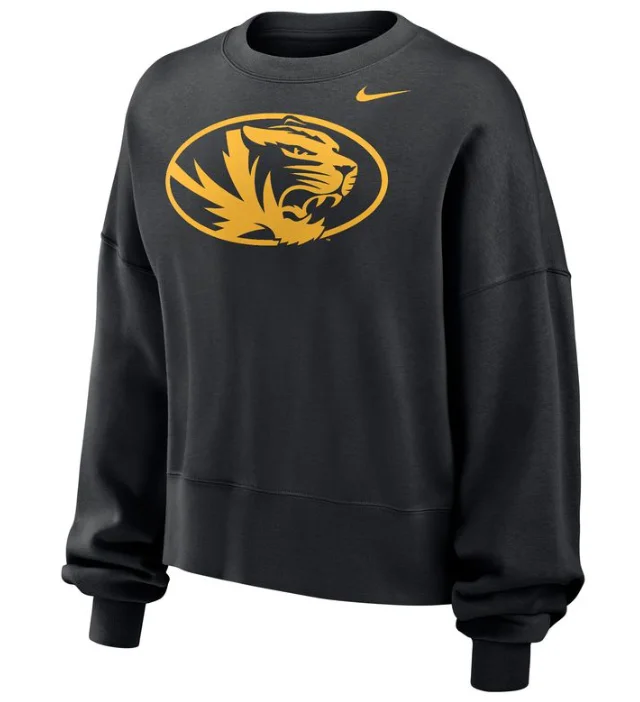 Mizzou Tigers Nike® 2024 Women's Oval Tiger Head Phoenix Oversized Black Sweatshirt Hoodie with Ribbed Neckline Snug Warm Mizzou Tigers Nike® 2024 Women's Oval Tiger Head Phoenix Oversized Black Sweatshirt Hoodie with Ribbed Neckline Snug Warm