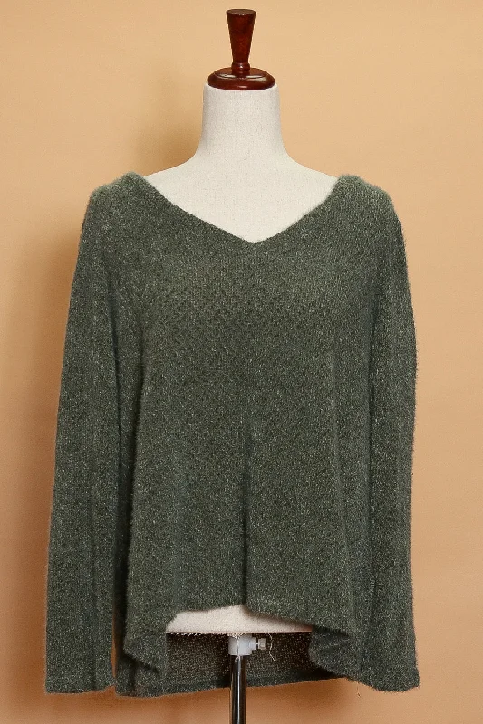 Moss Green V Neck Sweater Ribbed Striped Patterned