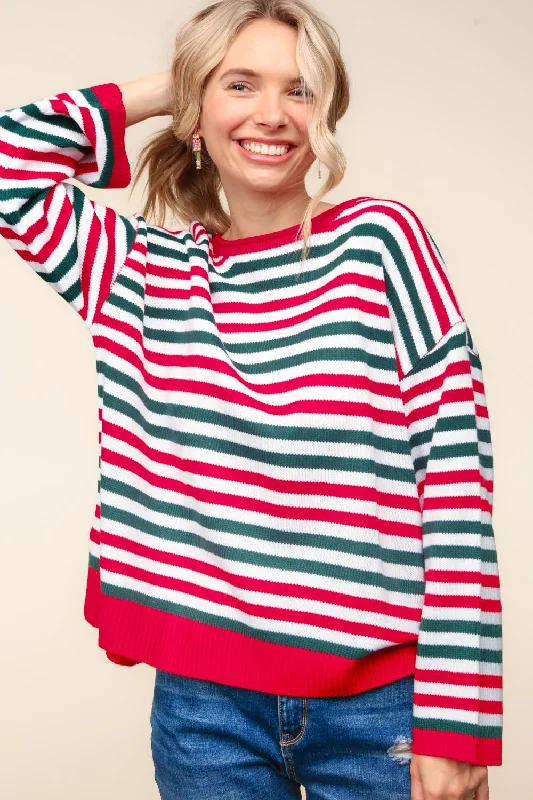 MULTI COLOR STRIPE OVERSIZED SWEATER KNIT TOP Lace Blend Ribbed Blend Corduroy Blend