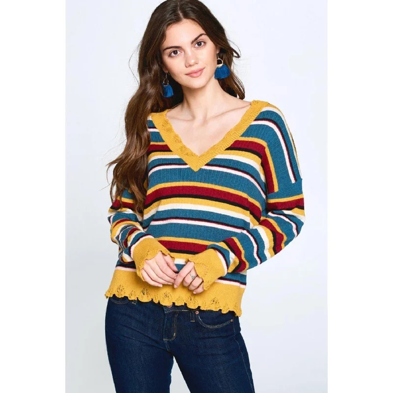 Multi-colored Variegated Striped Knit Sweater Turtle Neck Boat Neck Asymmetrical Neck