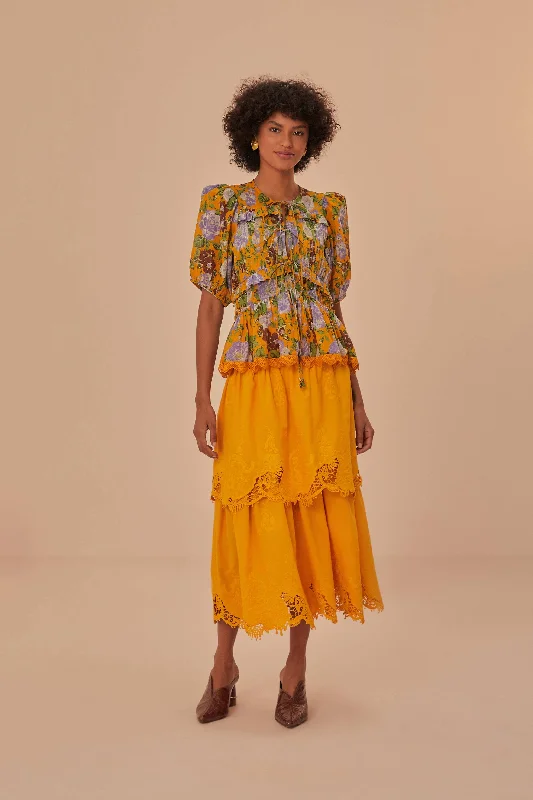 Yellow Mustard Tiered Lace Midi Skirt elastic waist skirt