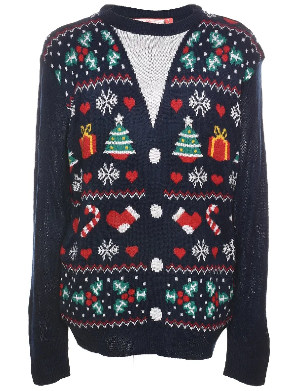 Navy Christmas Jumper - L Sequined Glittery Shiny