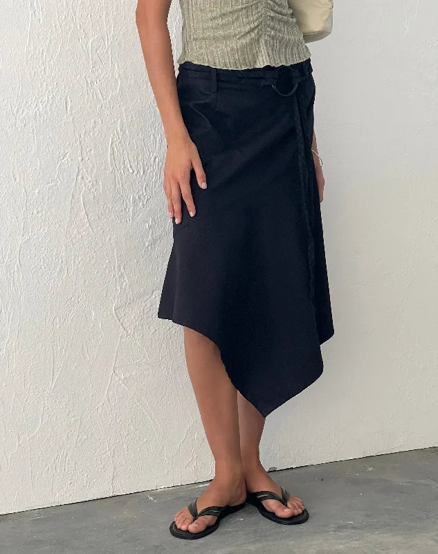 Nejusi Asymmetric Midi Skirt in Black with Braided Belt lightweight skirt design