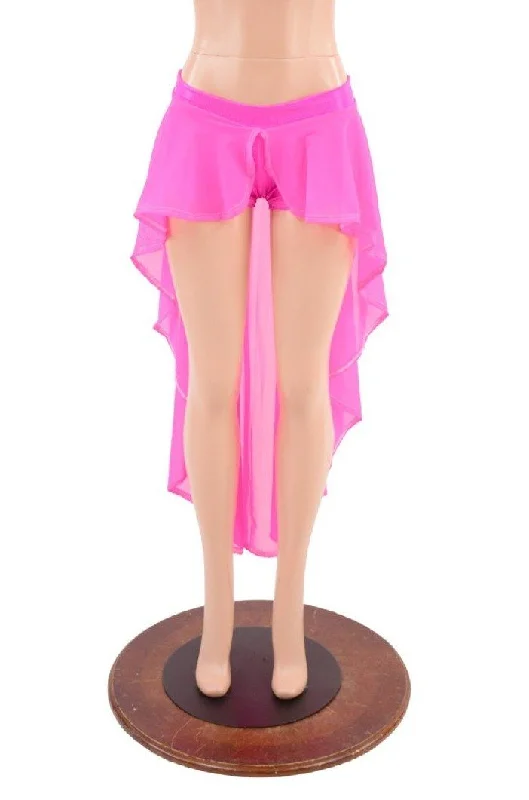 Neon Pink Lowrise Shorts with Pink Mesh Hi Lo Overskirt ruffled skirt detail