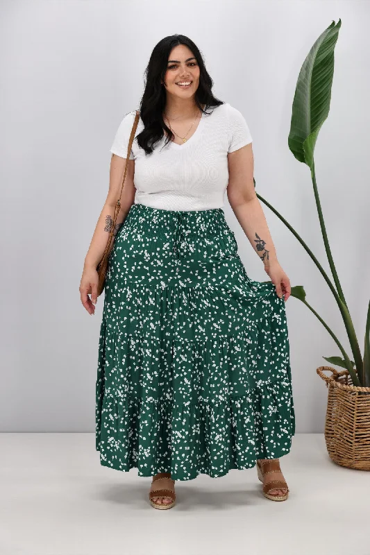 New U Collection Green White Print Maxi Skirt ruffled skirt detail