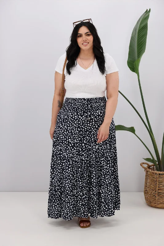 New U Collection Navy White Spot Maxi Skirt breathable skirt fabric