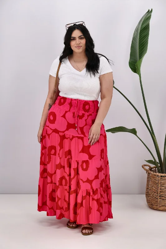 New U Collection Pink Red Floral Maxi Skirt chiffon skirt lightweight