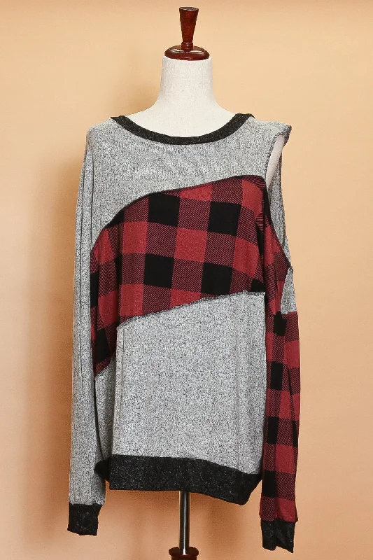 Plus Burgundy Plaid Cut Out Sweater Graphic Sweater Embroidered Appliqued