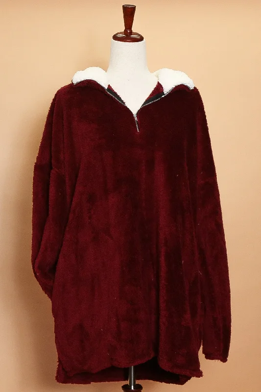 Plus Burgundy Sherpa Sweater Iron Safe Non-Iron Wrinkle Free