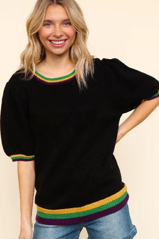 PLUS COLOR BLOCK BUBBLE SHORT SLEEVE SWEATER TOP Boat Neck Shawl Collar Notched Collar