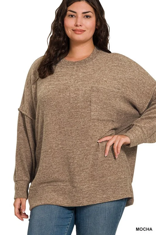 Plus Mocha Brushed Melange Drop Shoulder Sweater Oversized Loose Flowy