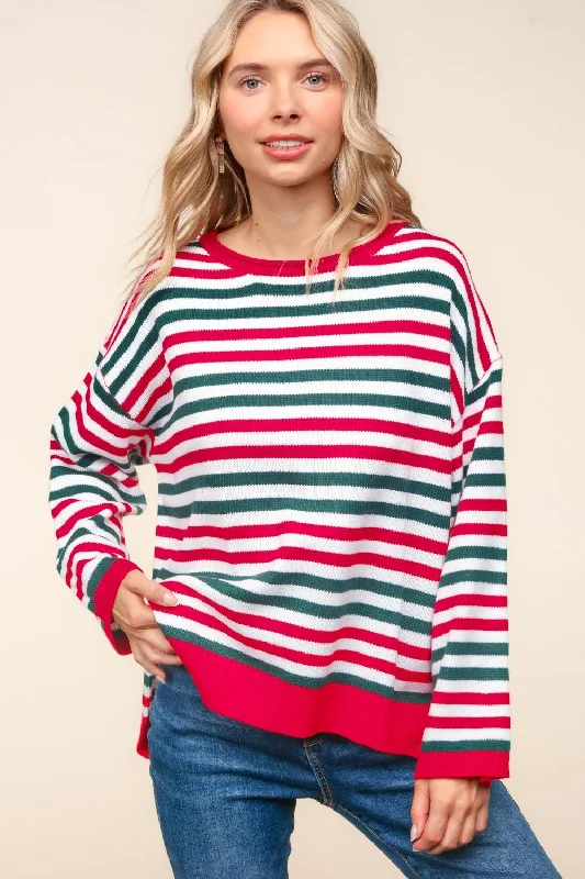 PLUS MULTI COLOR STRIPE OVERSIZED SWEATER KNIT TOP Spandex Blend Rayon Blend Denim Blend