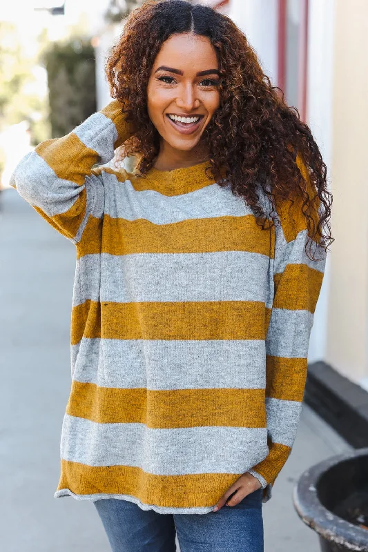 Plus Mustard & Grey Stripe Thick Sweater Long Sweater Short Sweater Cropped Sweater