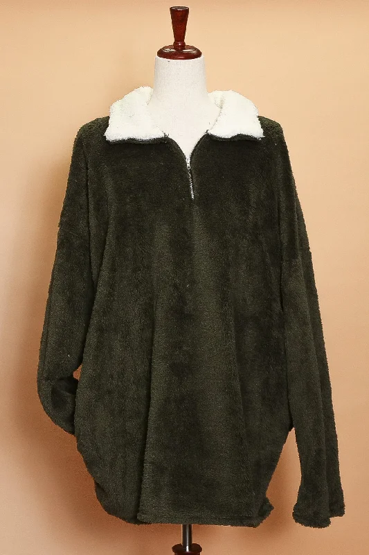 Plus Olive Sherpa Sweater Casual Formal Business