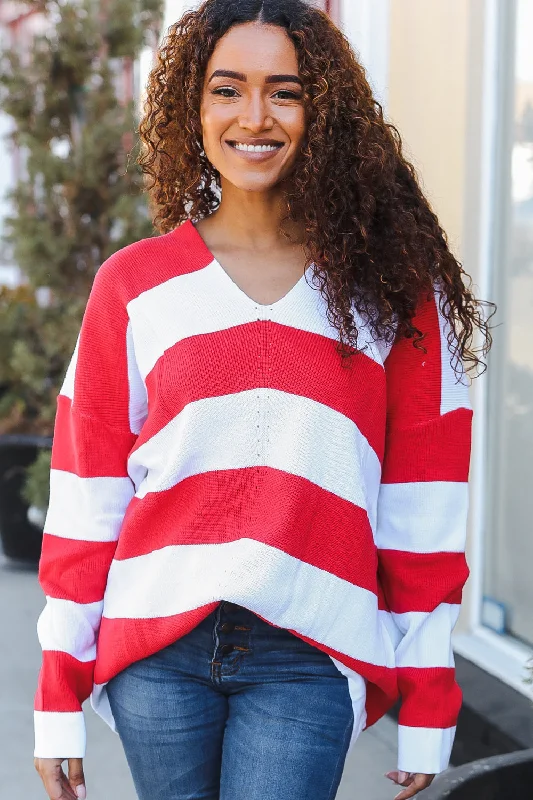 Plus Red & Ivory Stripe Sweater Oversized Loose Flowy