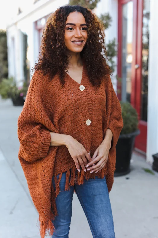 Plus Rust Poncho Style Thick Sweater Cable Knit Ribbed Knit Lace Knit