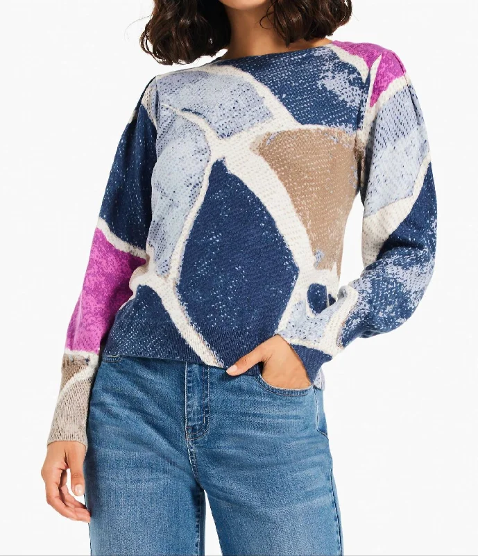 Printed Tiles Femme Sleeve Sweater In Blue Multi Notch Collar Peter Pan Collar Cowl Neck